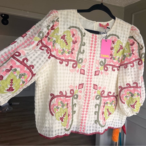 THML White Embroidered Cotton Top with Pink & Green Floral Detail - Picture 2 of 6